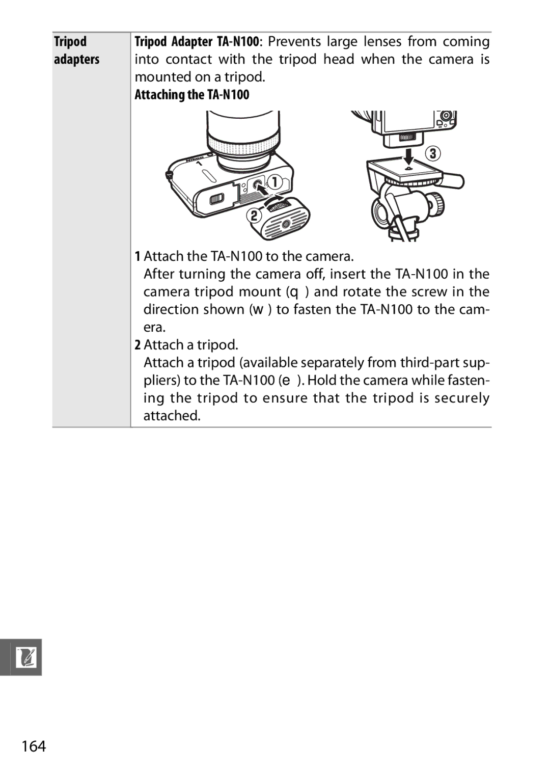 Nikon V1 manual 164, Attaching the TA-N100 