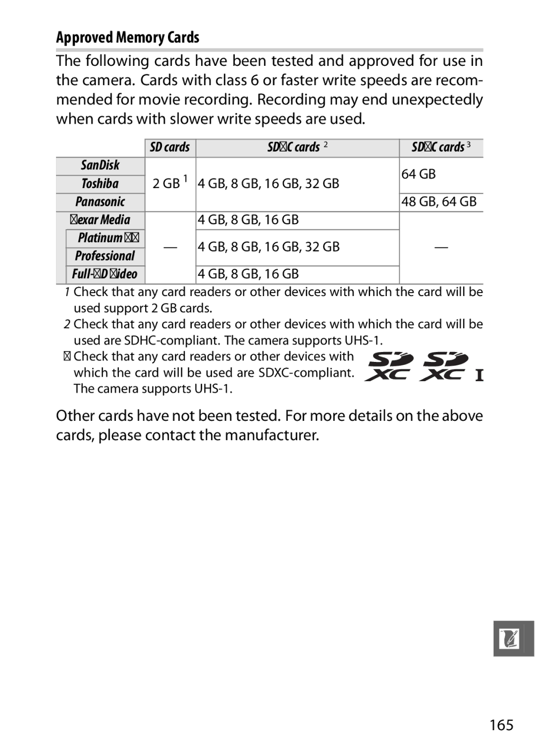 Nikon V1 manual Approved Memory Cards, Sdhc cards, 64 GB, GB, 8 GB, 16 GB, 32 GB 