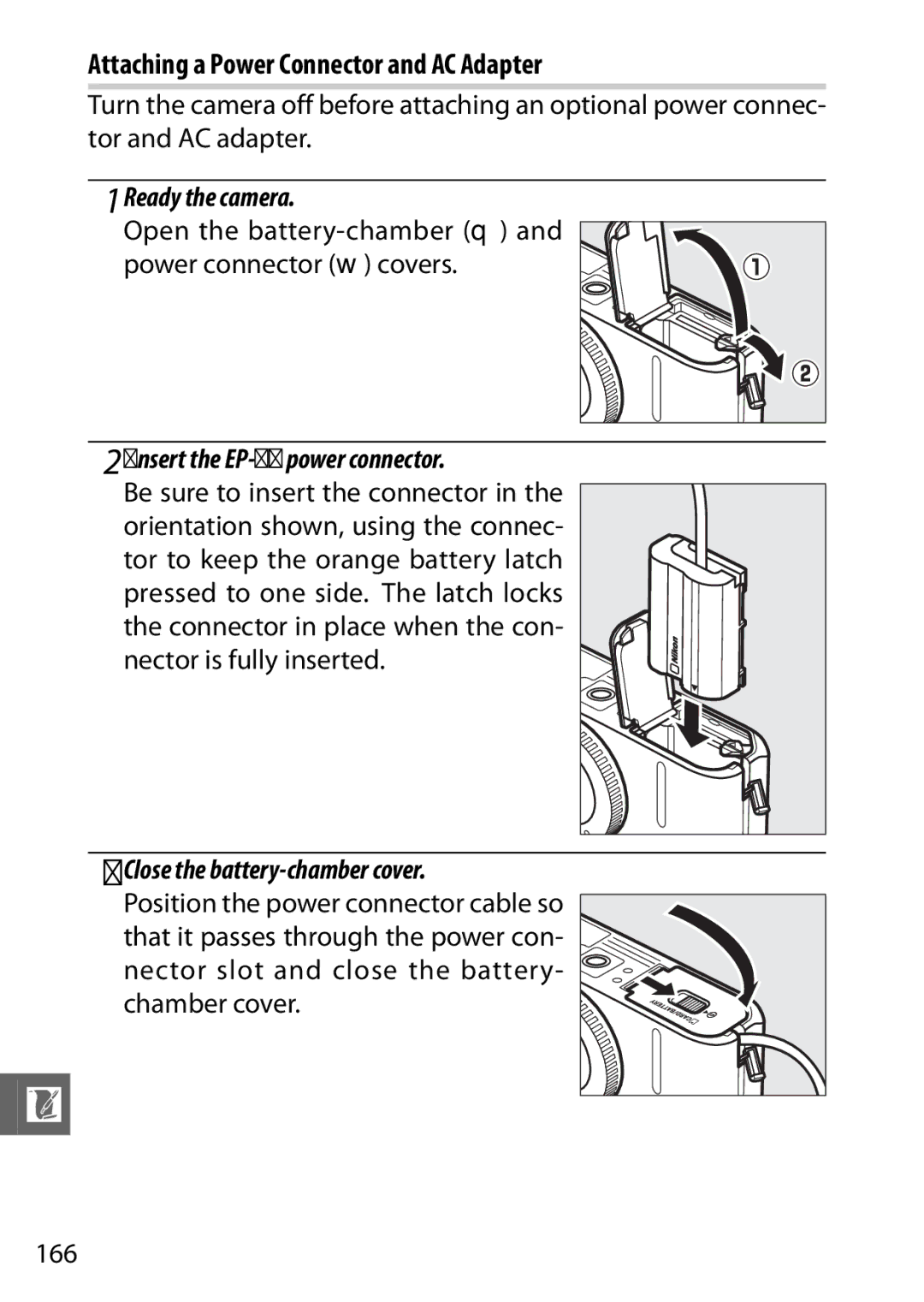 Nikon V1 manual Attaching a Power Connector and AC Adapter, Open the battery-chamber q and power connector w covers 