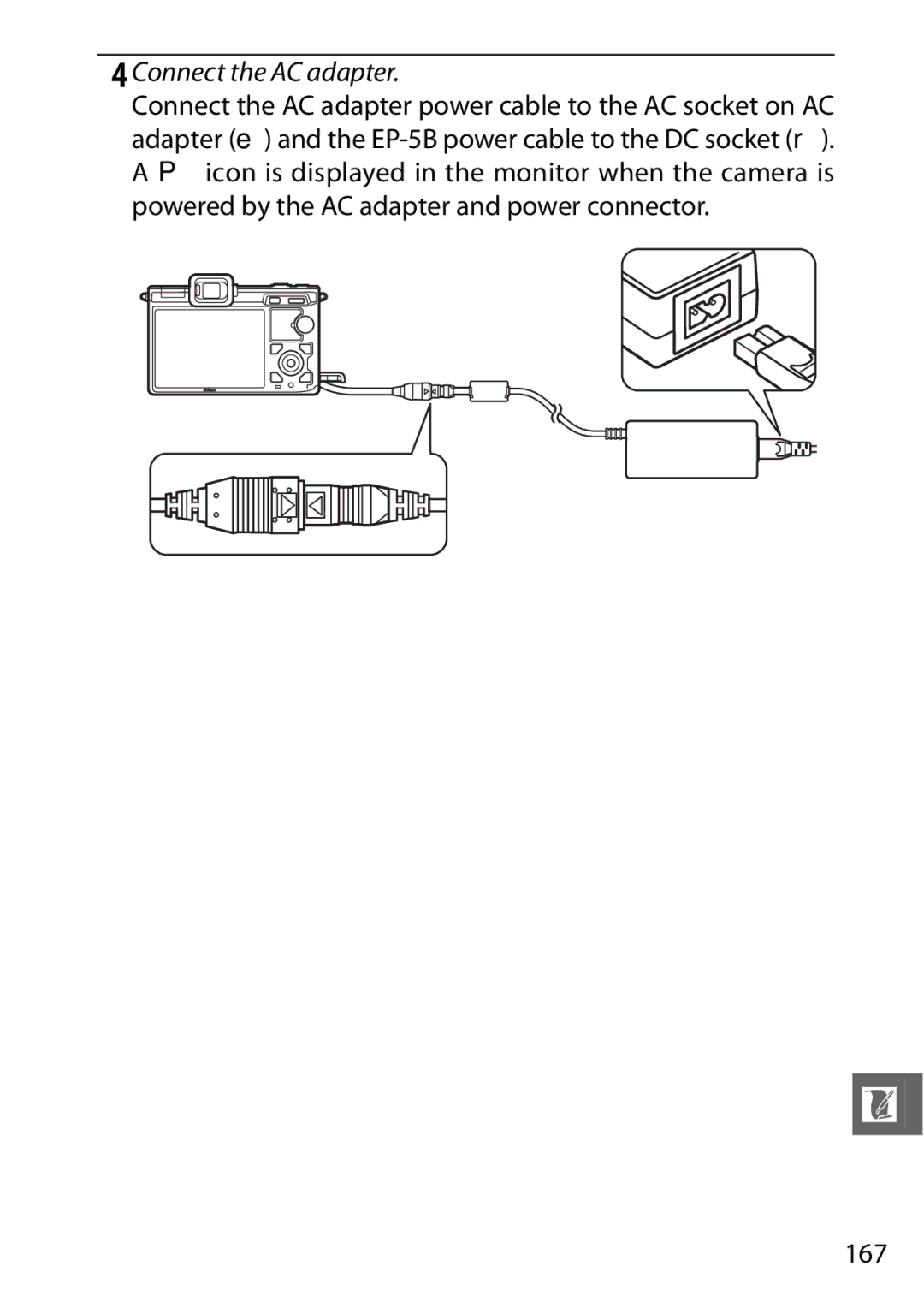 Nikon V1 manual Connect the AC adapter 