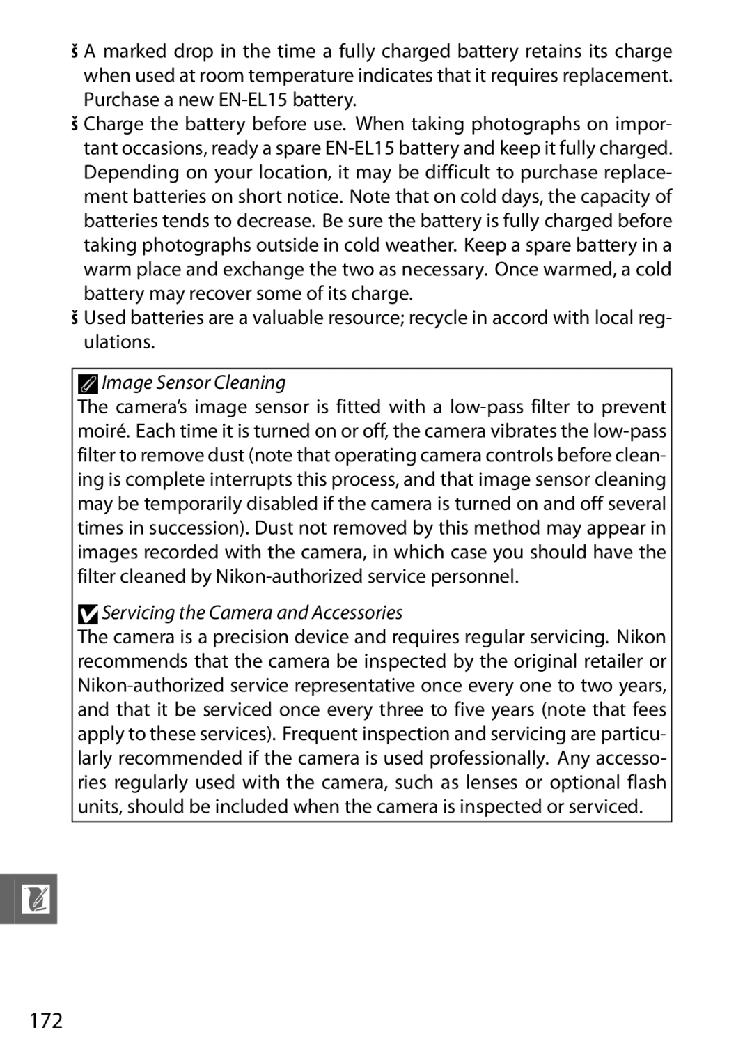 Nikon V1 manual 172, AImage Sensor Cleaning, DServicing the Camera and Accessories 