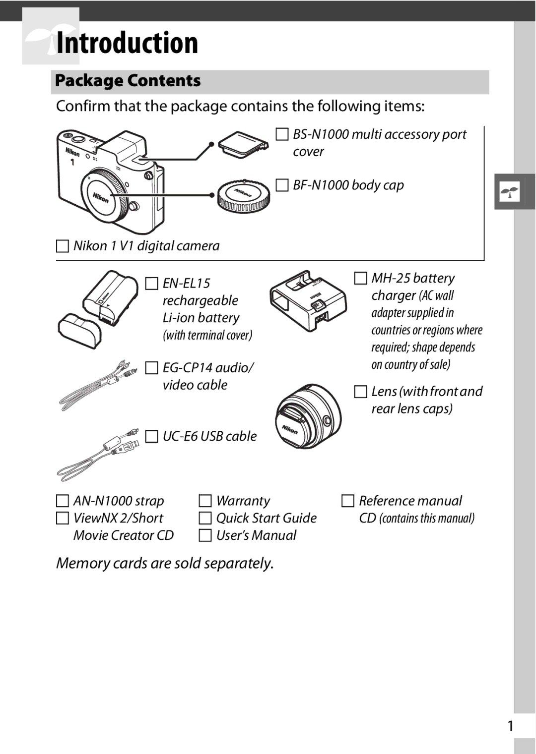 Nikon V1 manual SIntroduction, Package Contents 