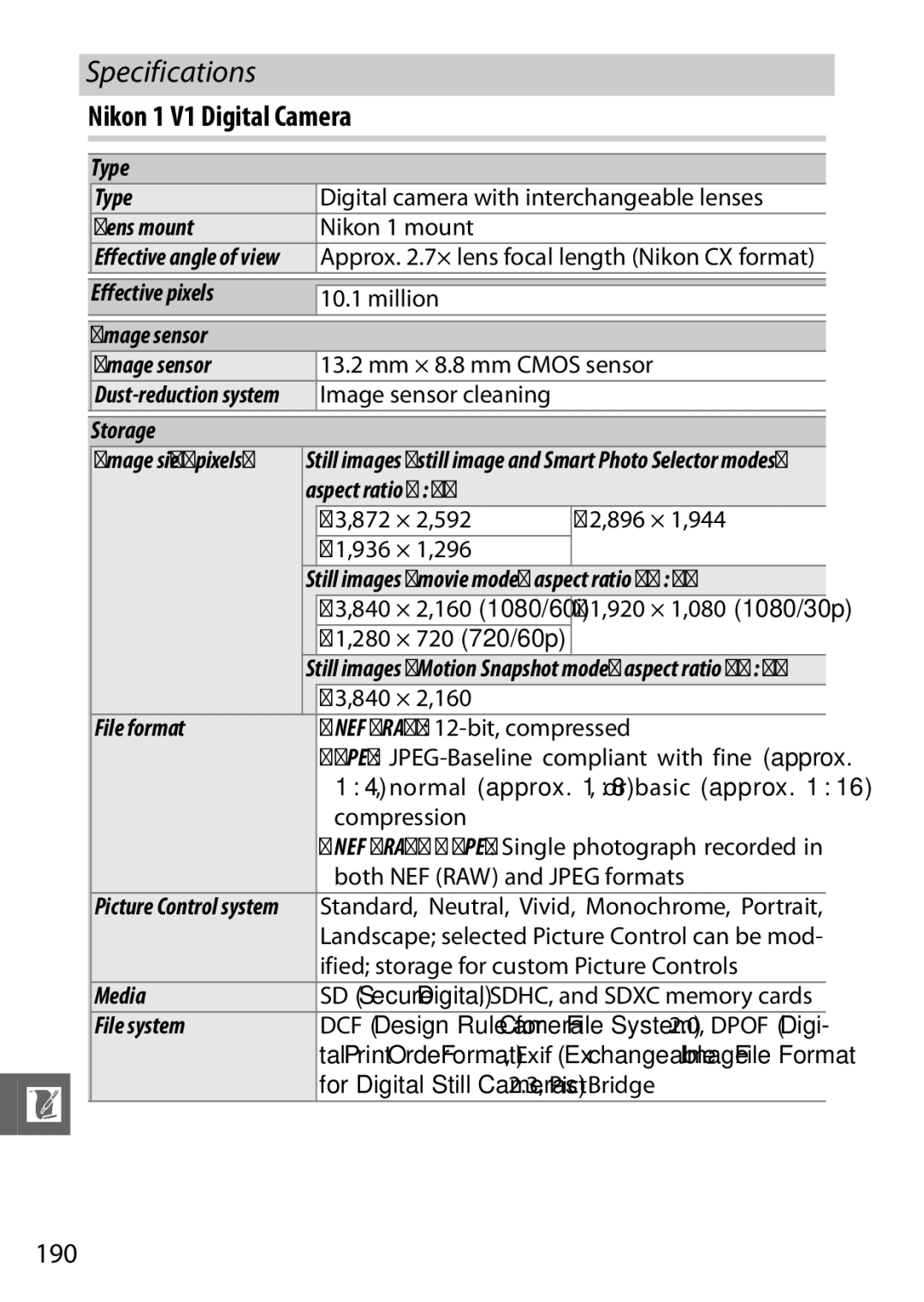 Nikon manual Specifications, Nikon 1 V1 Digital Camera 