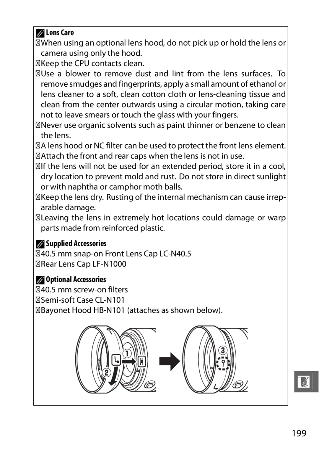 Nikon V1 manual 199, ALens Care, ASupplied Accessories, Mm snap-on Front Lens Cap LC-N40.5 Rear Lens Cap LF-N1000 