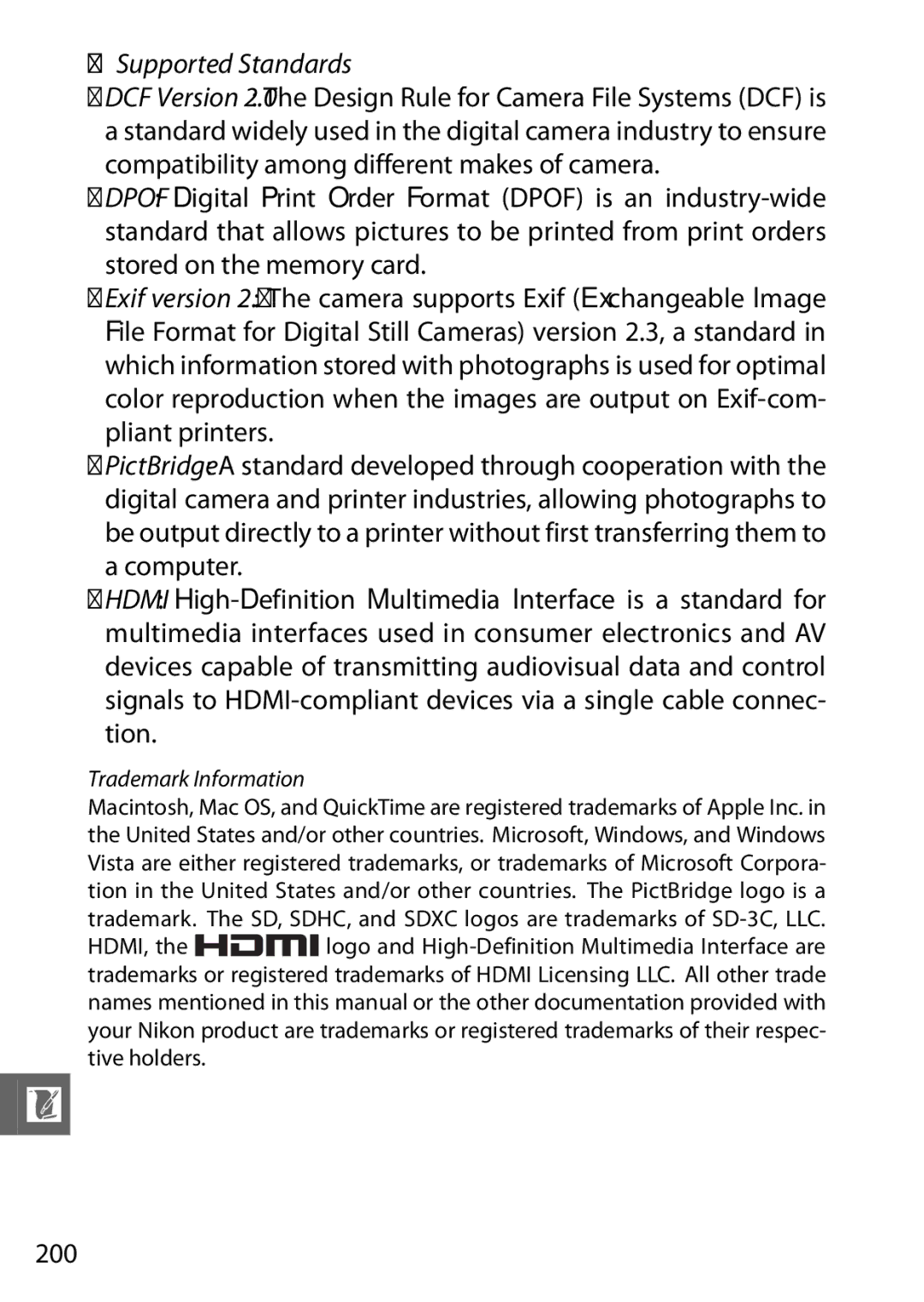 Nikon V1 manual Supported Standards, 200 