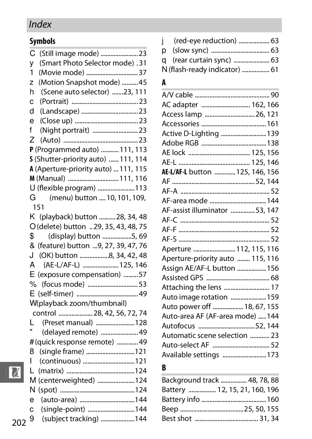 Nikon V1 manual Index, 202, Symbols 