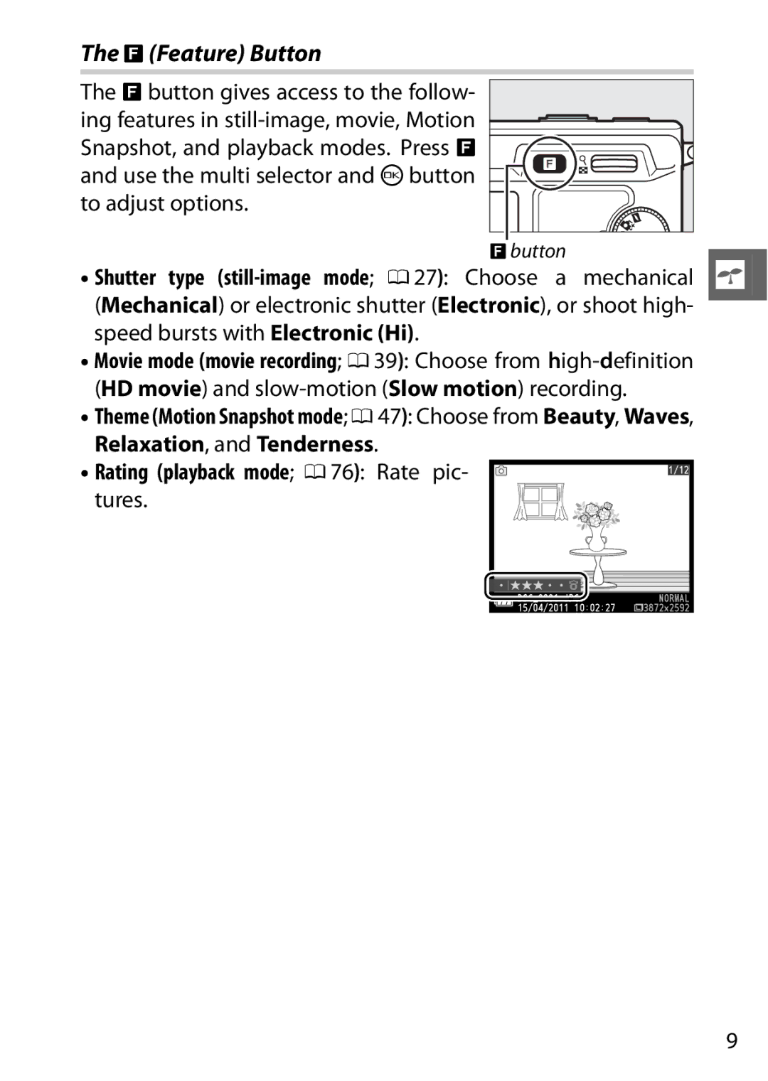 Nikon V1 manual Feature Button, Shutter type still-image mode 0 27 Choose a mechanical s 