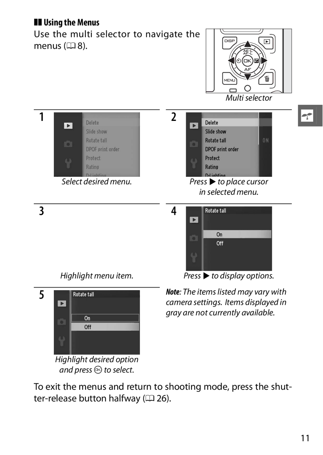 Nikon V1 manual Using the Menus, Use the multi selector to navigate the menus 0 