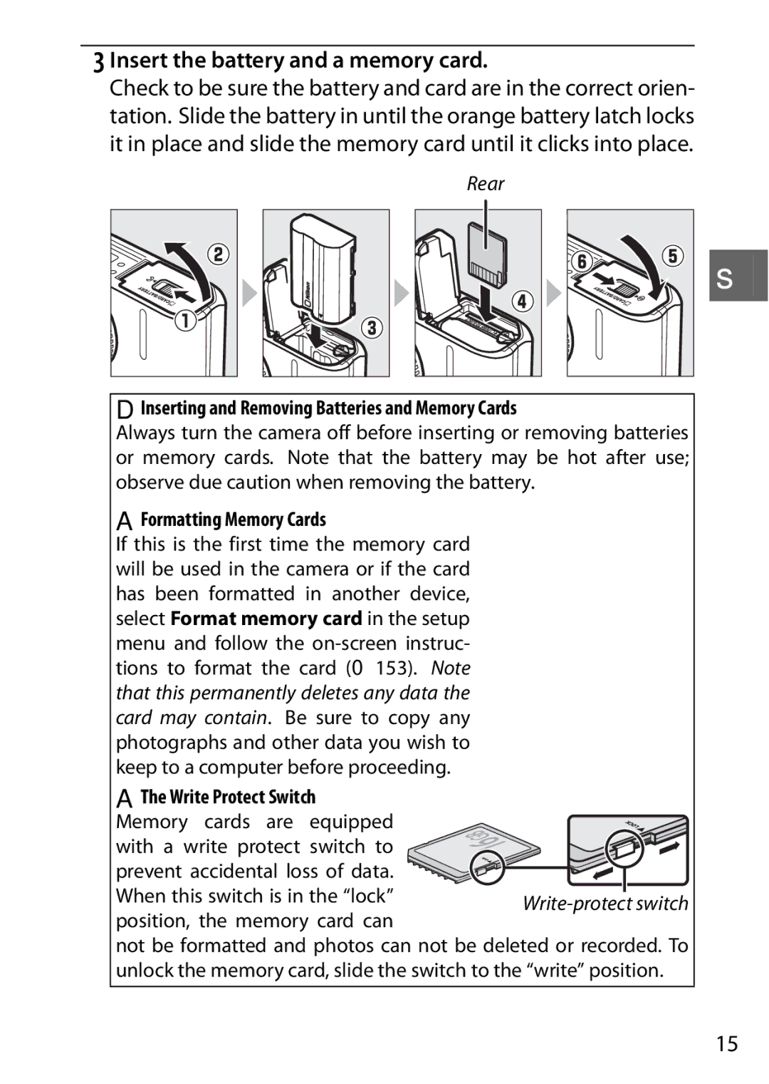 Nikon V1 manual Insert the battery and a memory card, DInserting and Removing Batteries and Memory Cards 