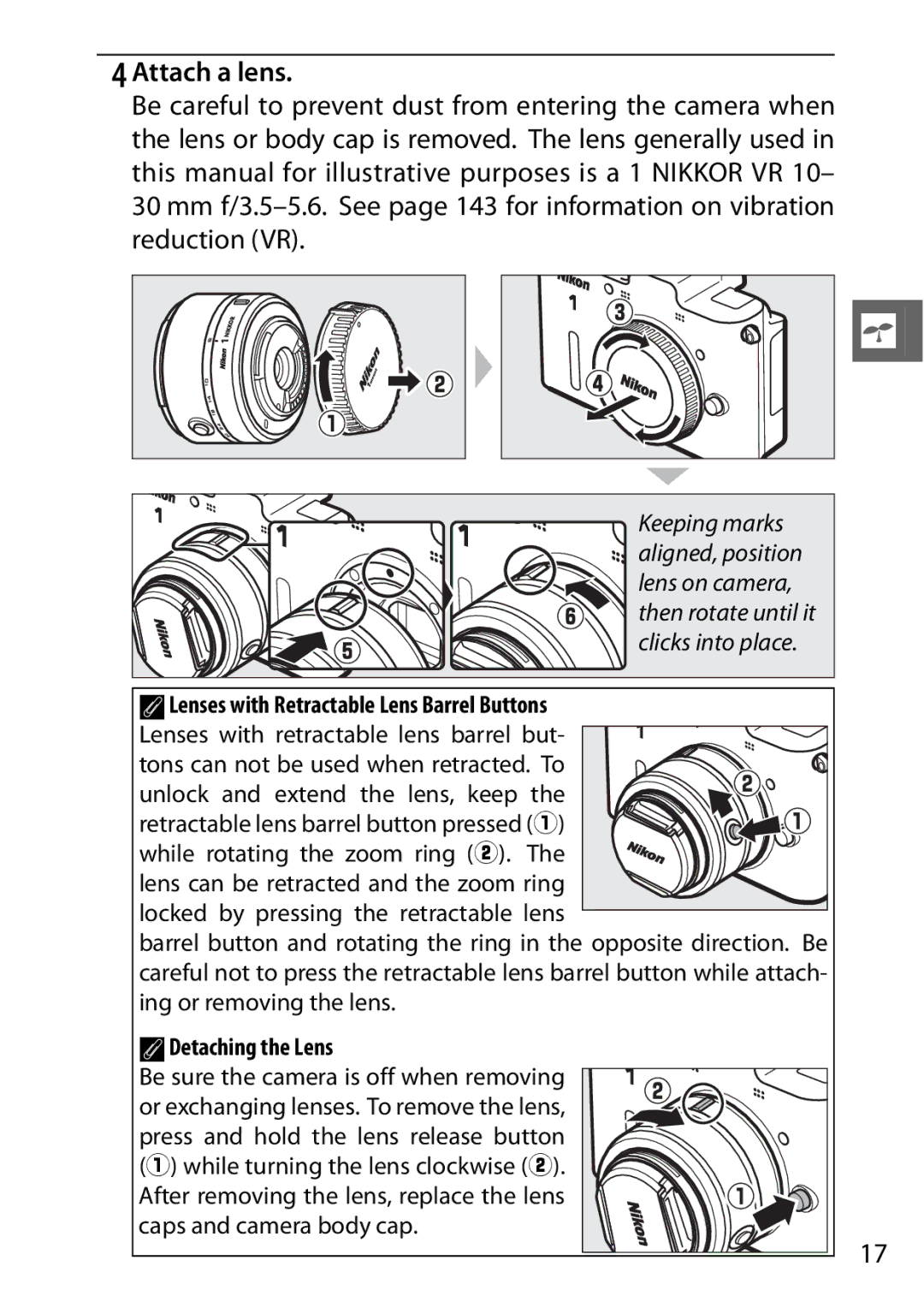 Nikon V1 manual Attach a lens, ALenses with Retractable Lens Barrel Buttons, ADetaching the Lens 