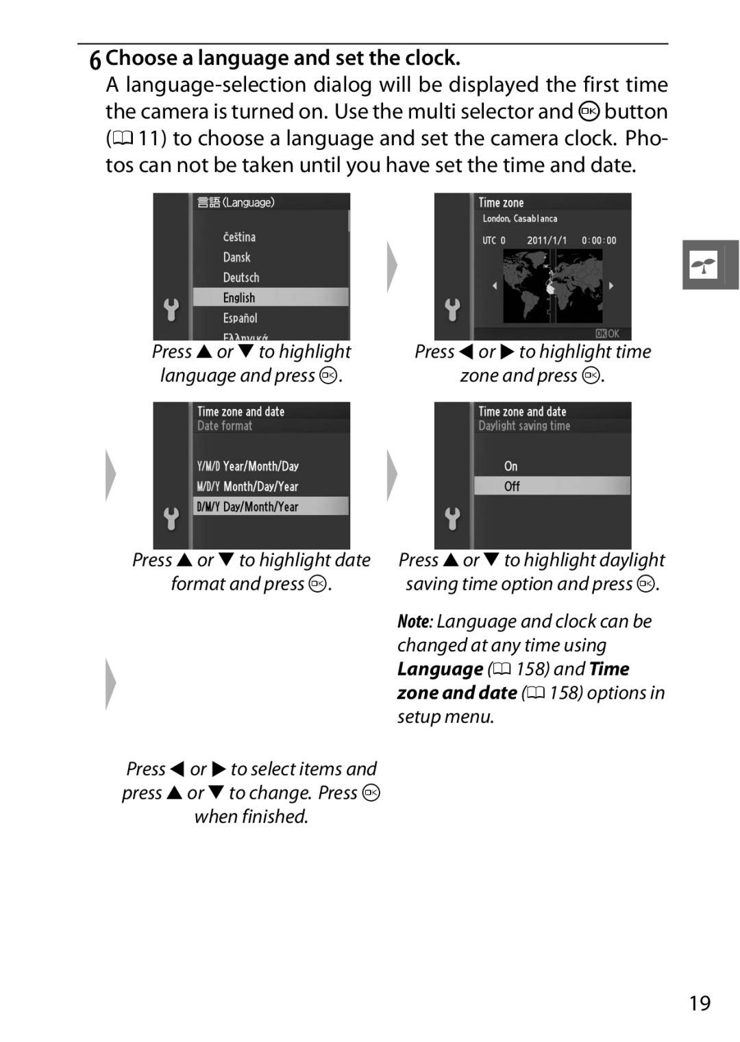 Nikon V1 manual Choose a language and set the clock 