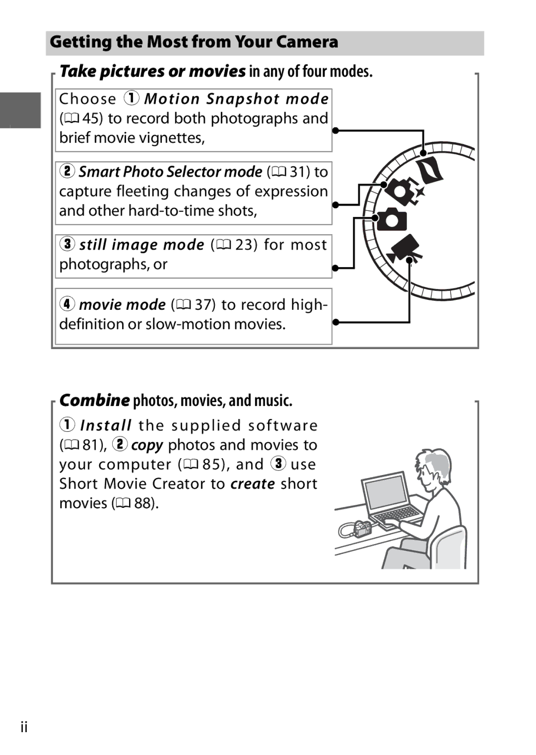 Nikon V1 manual Getting the Most from Your Camera, Take pictures or movies in any of four modes 