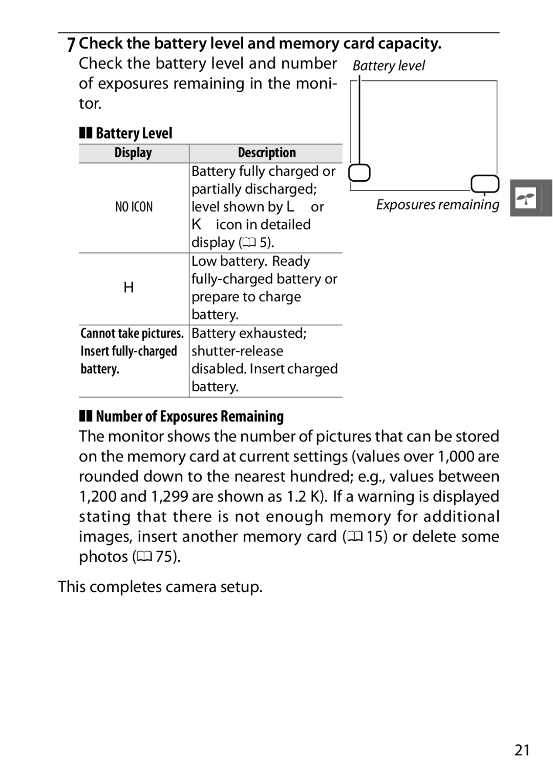 Nikon V1 manual Check the battery level and memory card capacity, Battery Level, Number of Exposures Remaining 