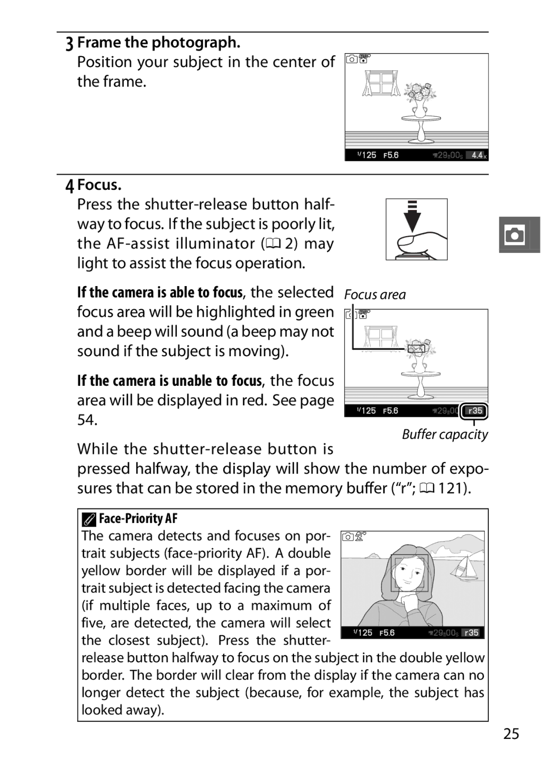 Nikon V1 manual Frame the photograph, Position your subject in the center of the frame, Focus, Face-Priority AF 