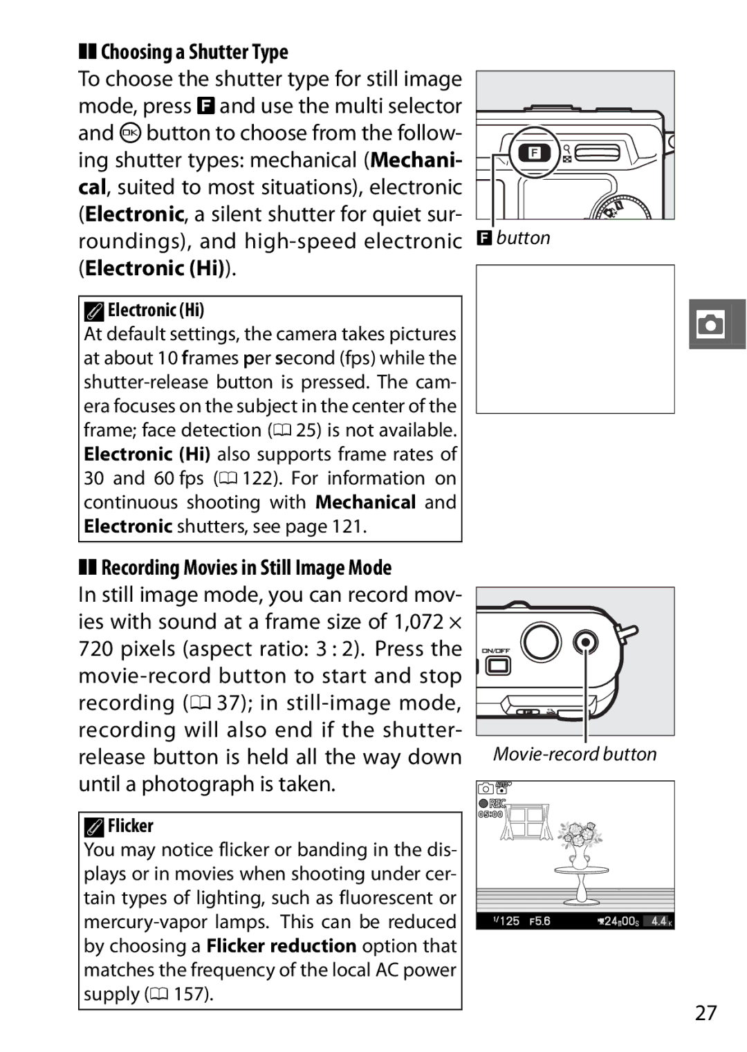 Nikon V1 manual Choosing a Shutter Type, AElectronic Hi, Recording Movies in Still Image Mode, Flicker 
