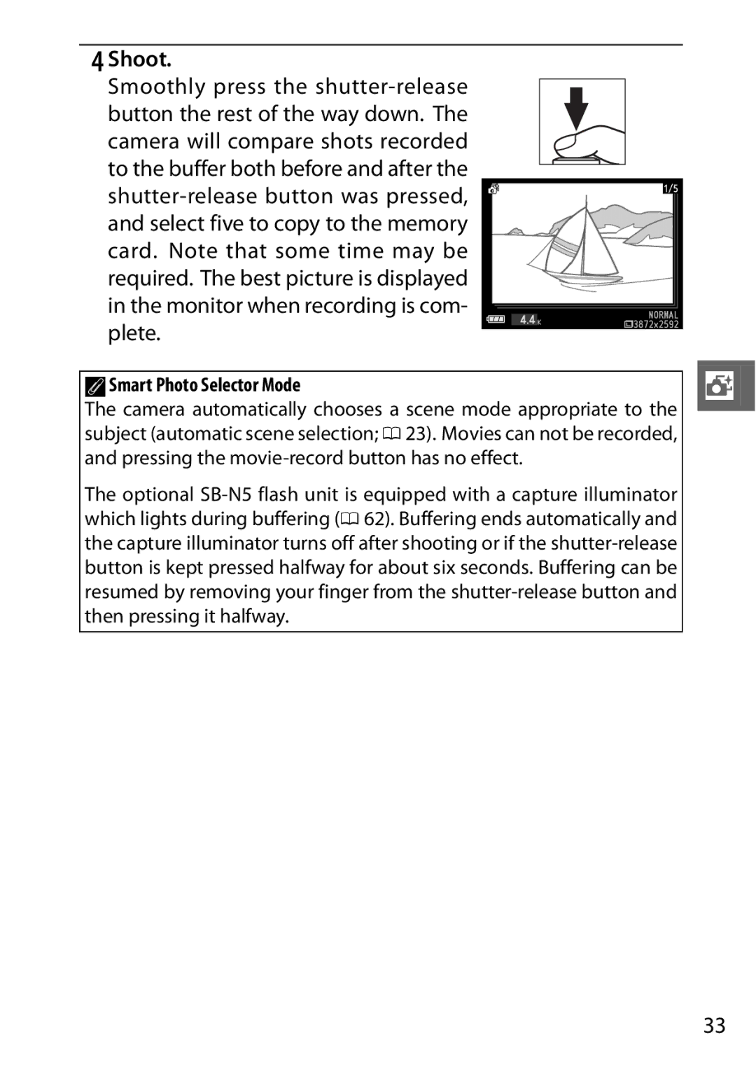 Nikon V1 manual Smoothly press the shutter-release, ASmart Photo Selector Mode 