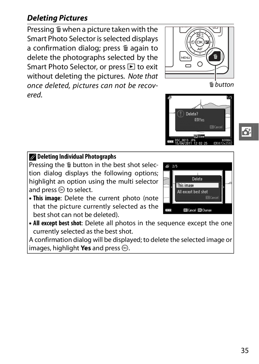 Nikon V1 manual Deleting Pictures, ADeleting Individual Photographs 