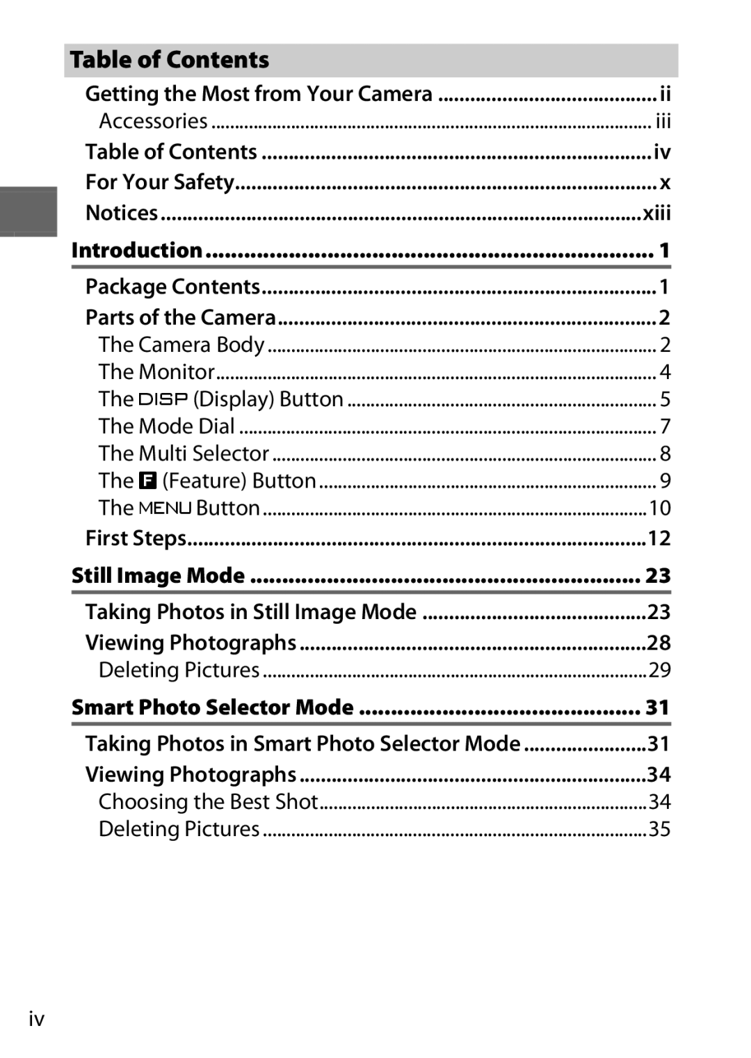 Nikon V1 manual Table of Contents 