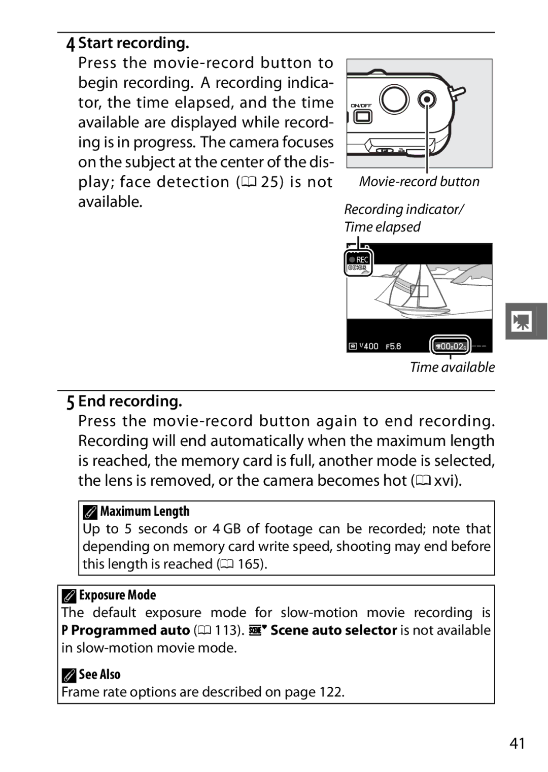 Nikon V1 manual Start recording, Frame rate options are described on 