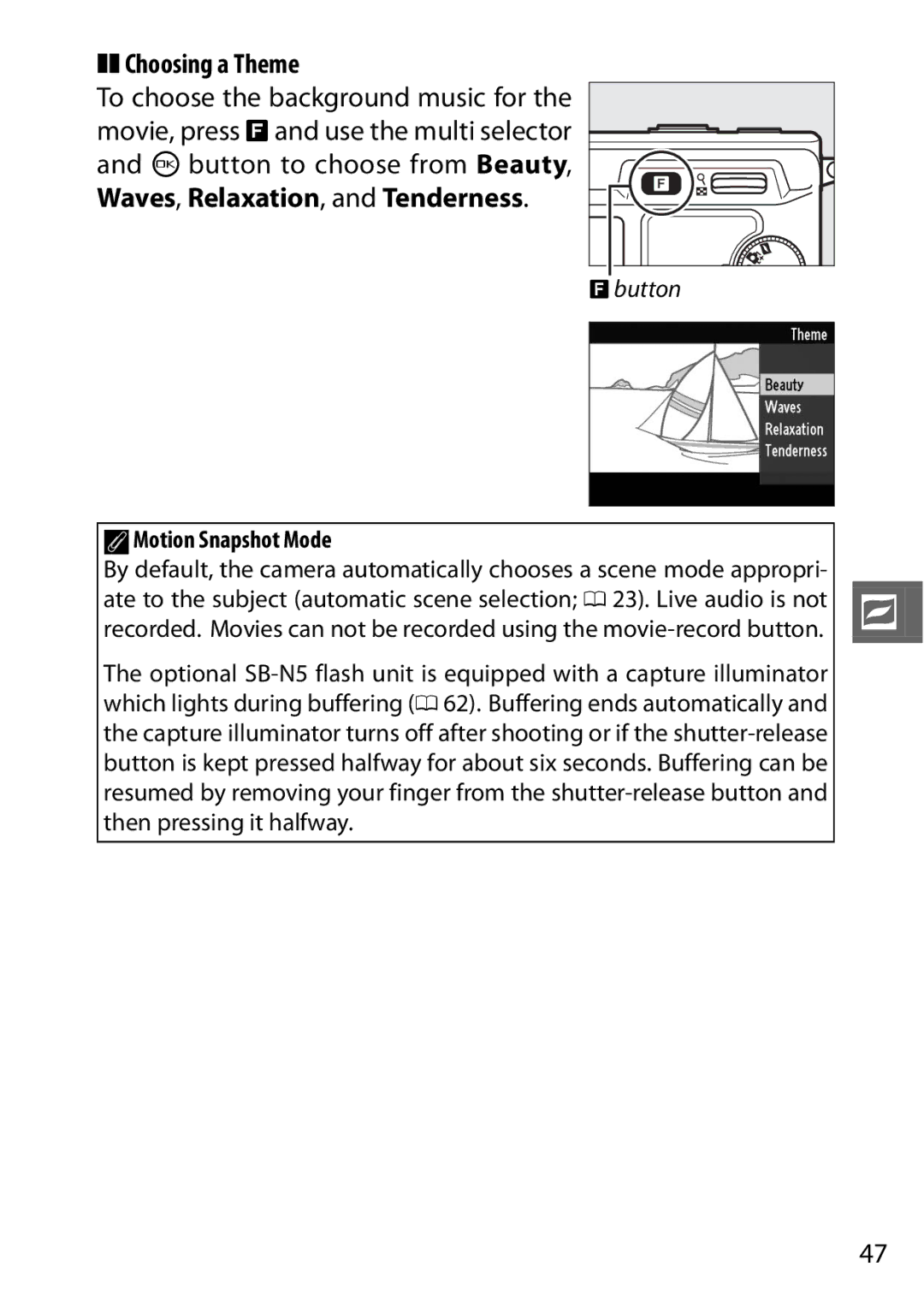 Nikon V1 manual Choosing a Theme, AMotion Snapshot Mode 