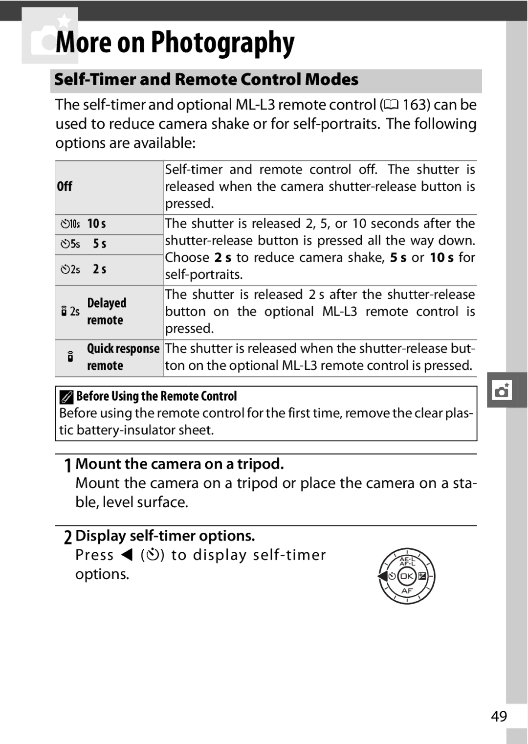 Nikon V1 manual Self-Timer and Remote Control Modes, Mount the camera on a tripod, Display self-timer options 