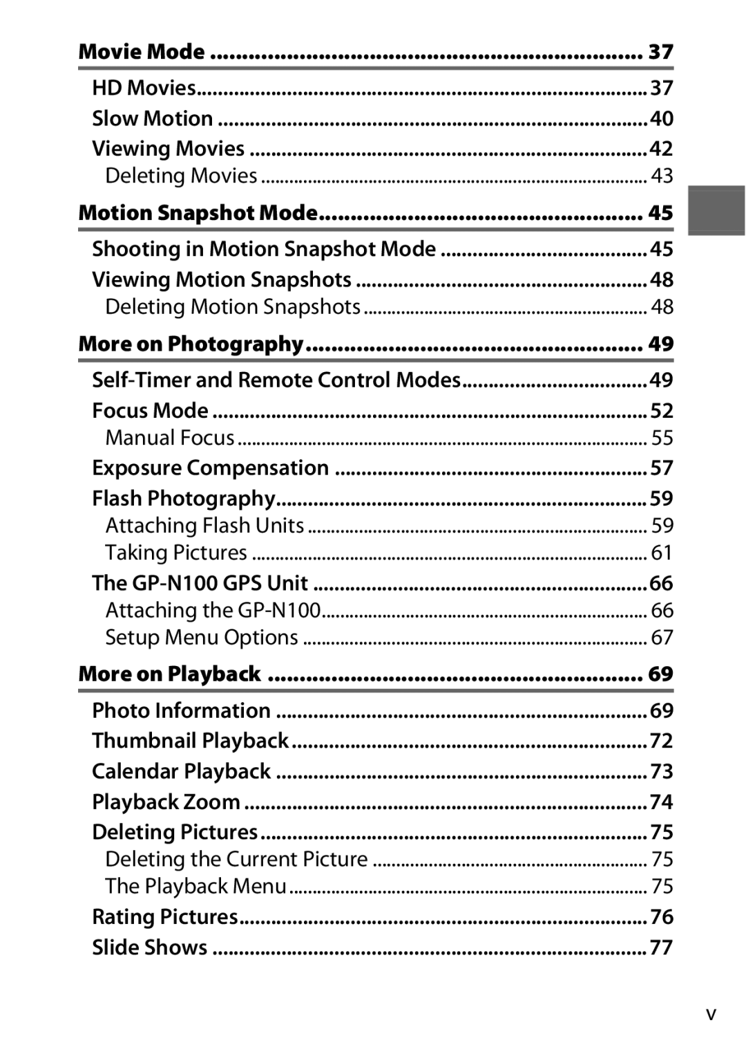 Nikon V1 manual Movie Mode, Motion Snapshot Mode, More on Photography, More on Playback 