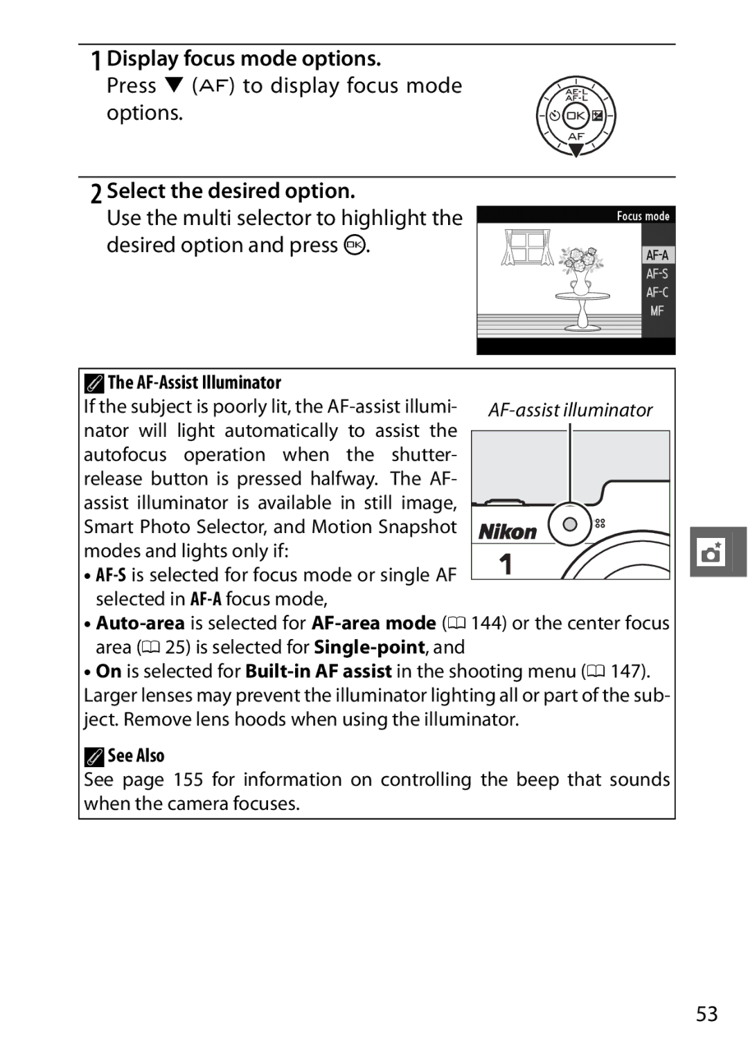 Nikon V1 manual Display focus mode options, Press 3 % to display focus mode options, AThe AF-Assist Illuminator 