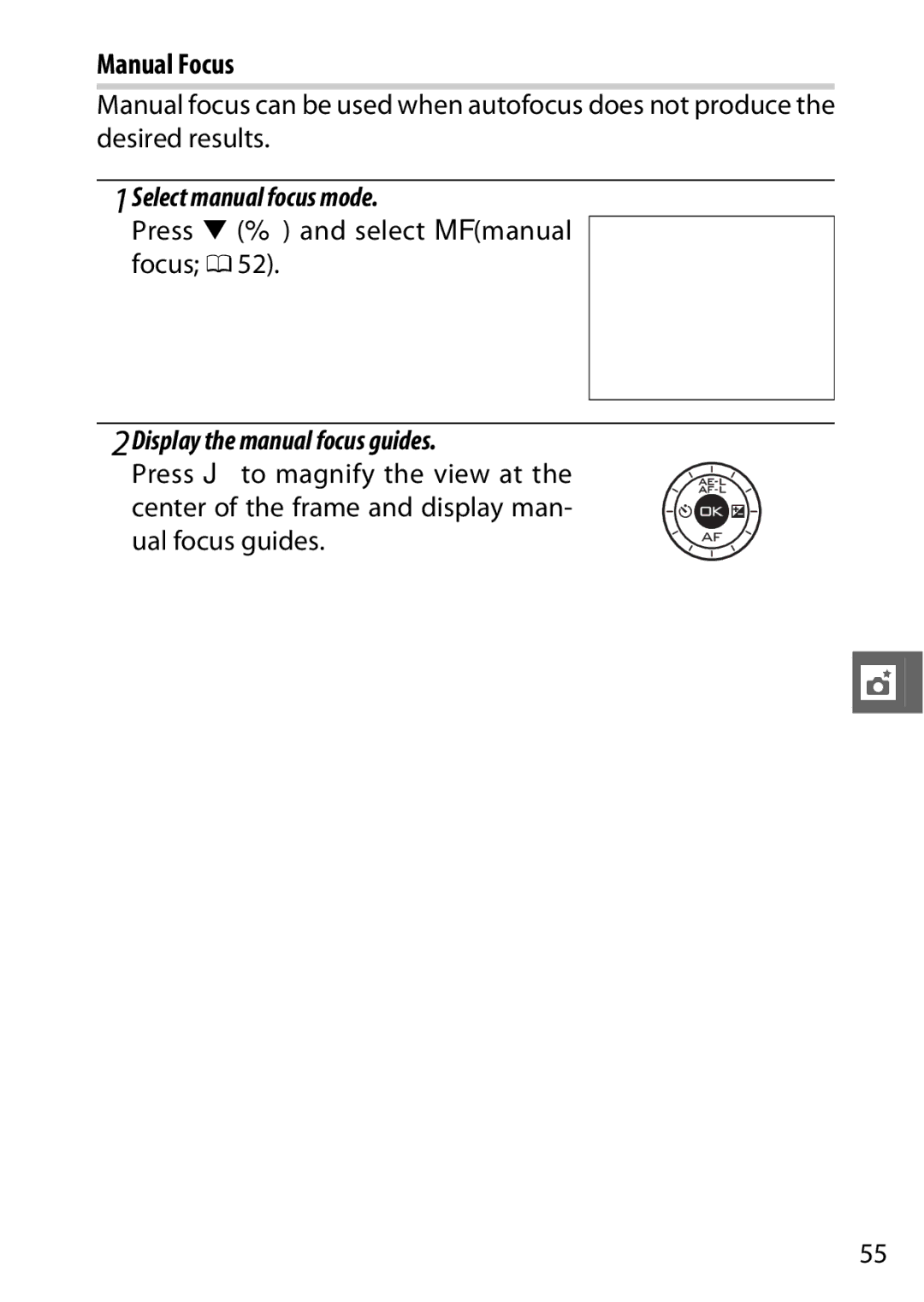 Nikon V1 Manual Focus, Select manual focus mode, Press 3 % and select MF manual focus 0, Display the manual focus guides 