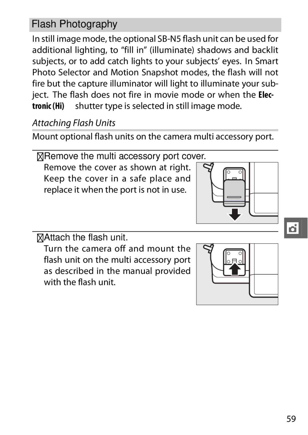 Nikon V1 manual Flash Photography, Attaching Flash Units, Remove the multi accessory port cover, Attach the flash unit 