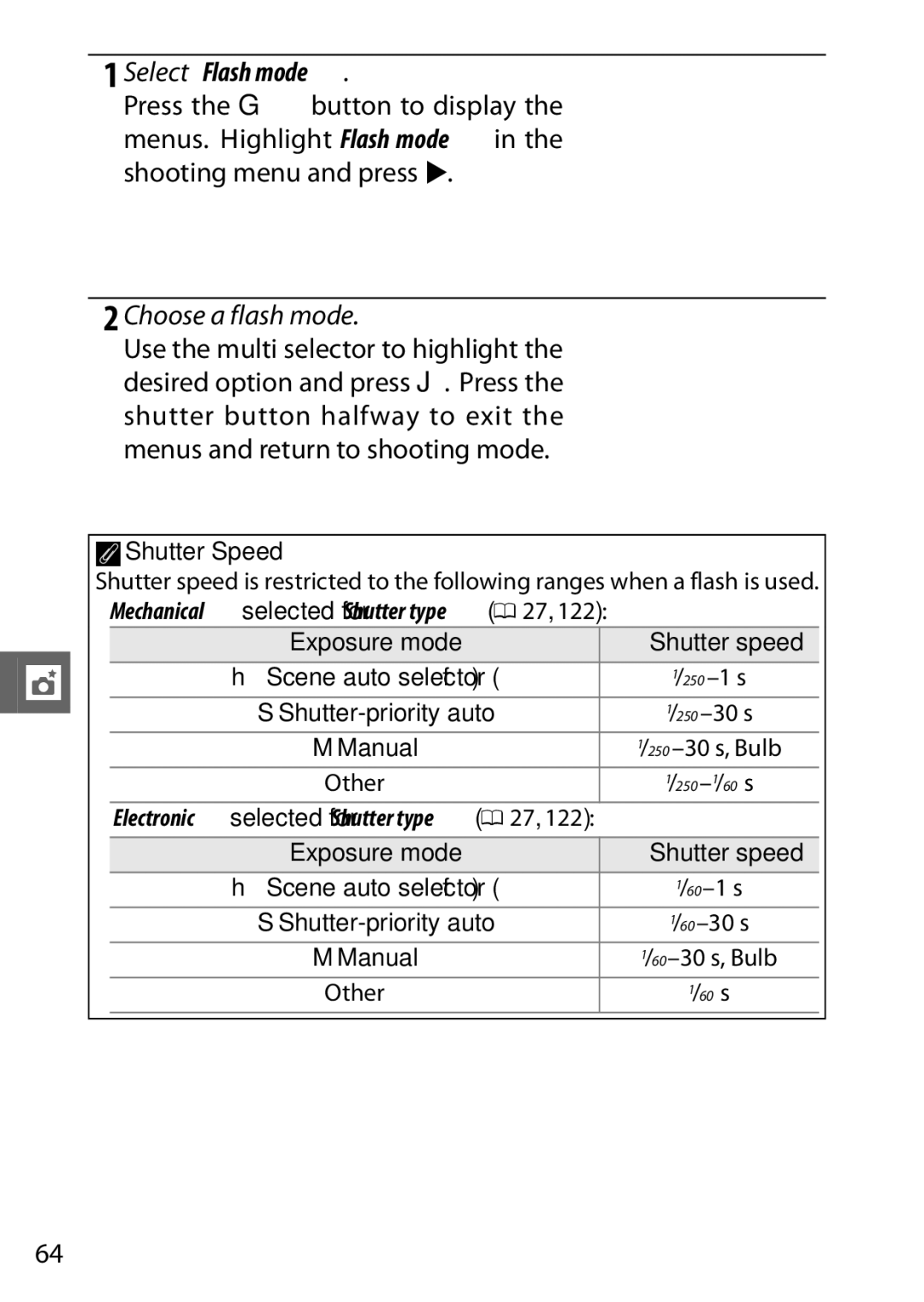 Nikon V1 manual Select Flash mode, AShutter Speed, Mechanical selected for Shutter type 0 27 Exposure mode 