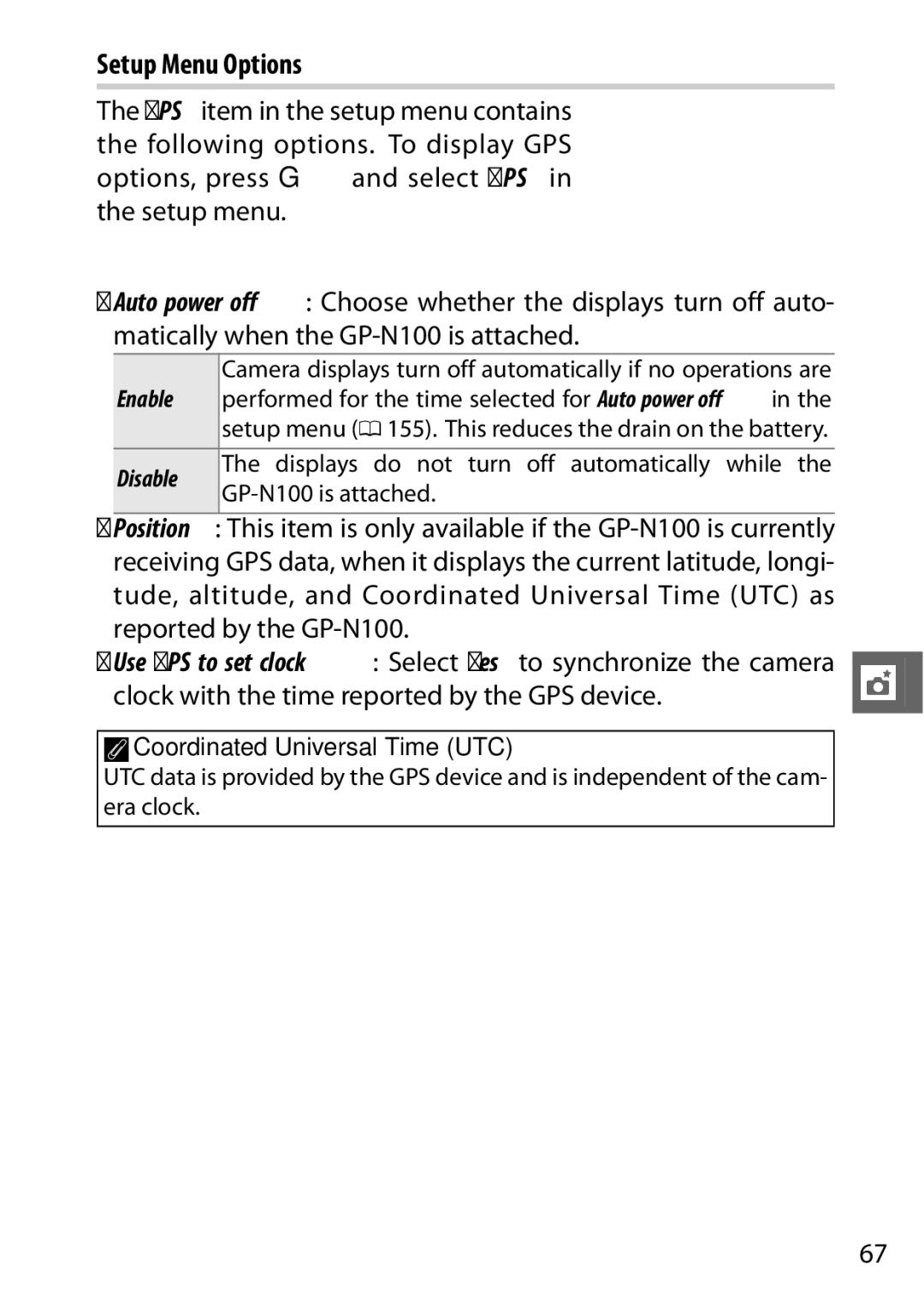 Nikon V1 manual Setup Menu Options, Clock with the time reported by the GPS device, Enable, Disable 