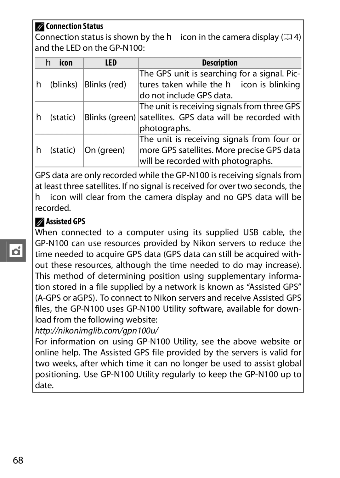 Nikon V1 manual AConnection Status, Hicon, AAssisted GPS 