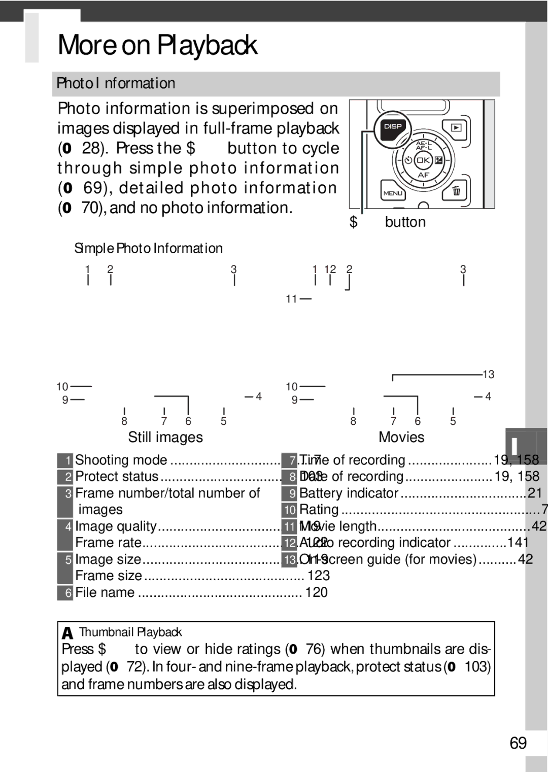 Nikon V1 manual Simple Photo Information, AThumbnail Playback 