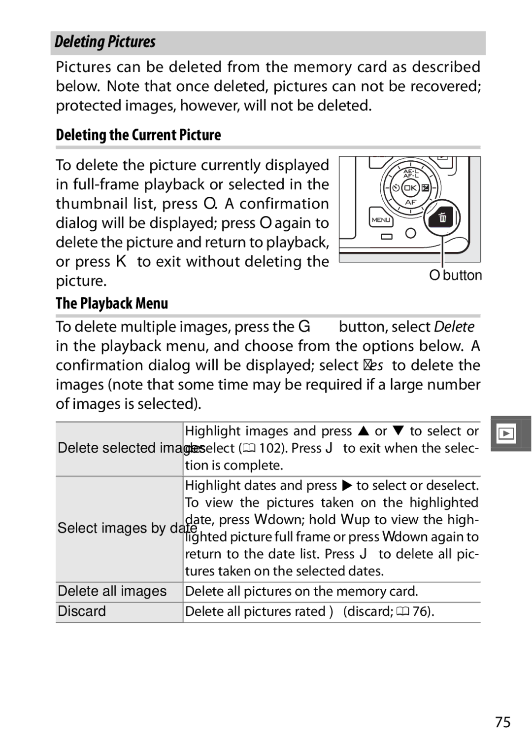 Nikon V1 manual Deleting Pictures, Deleting the Current Picture, Playback Menu 