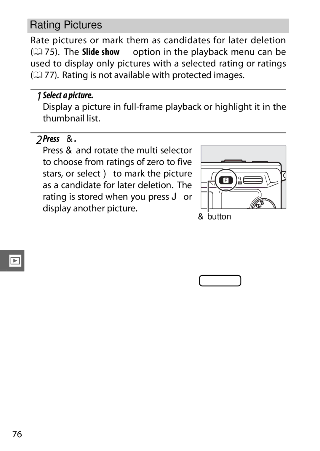 Nikon V1 manual Rating Pictures, Select a picture, Press 