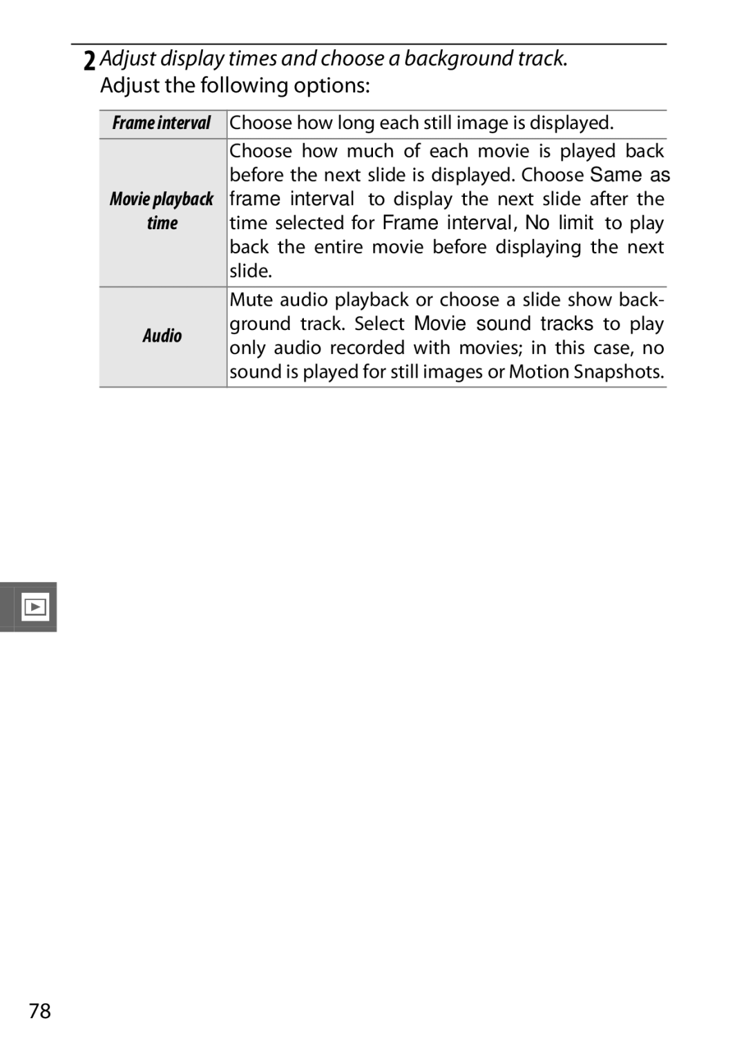 Nikon V1 manual Adjust display times and choose a background track, Adjust the following options, Slide 