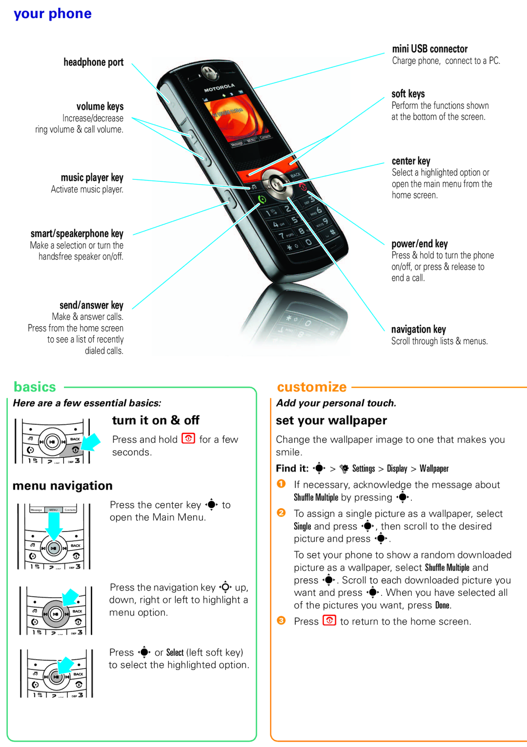 Nikon VE240 manual Turn it on & off, Menu navigation, Set your wallpaper 