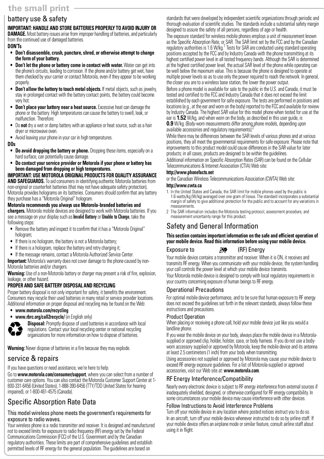 Nikon VE240 manual Battery use & safety, Service & repairs, Specific Absorption Rate Data, Safety and General Information 