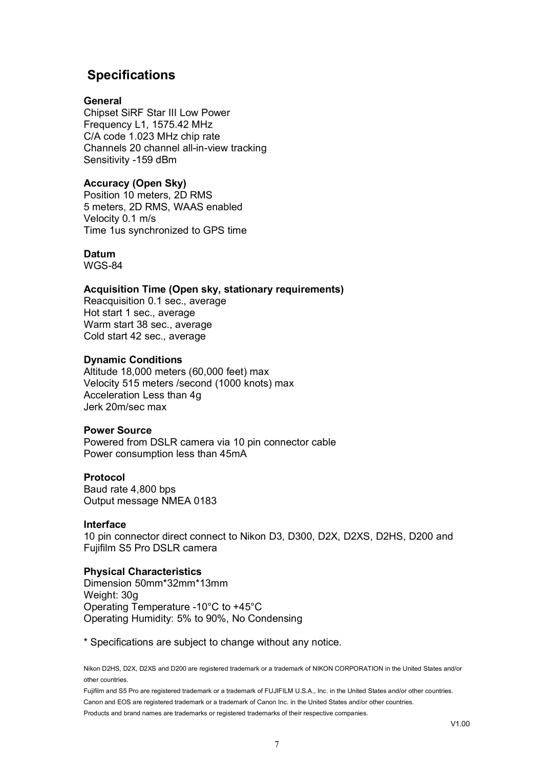 Nikon ver1.00 manual Specifications, General 