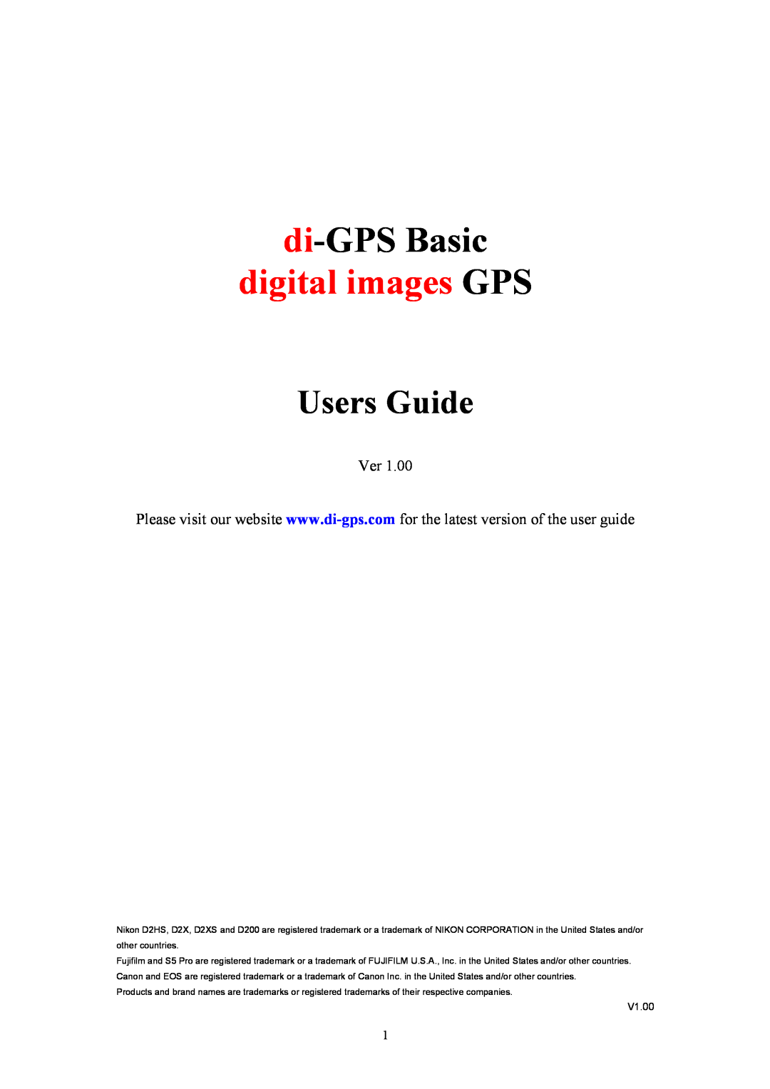 Nikon ver1.00 manual di-GPS Basic, digital images GPS, Users Guide, V1.00 