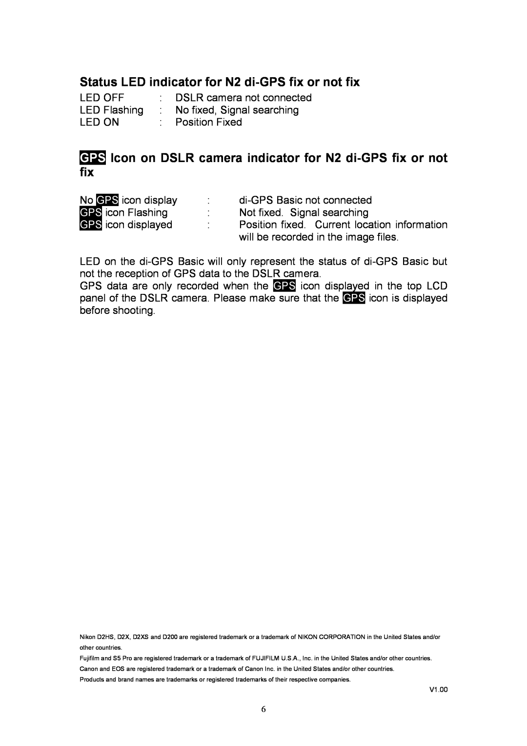 Nikon ver1.00 manual Status LED indicator for N2 di-GPS fix or not fix 