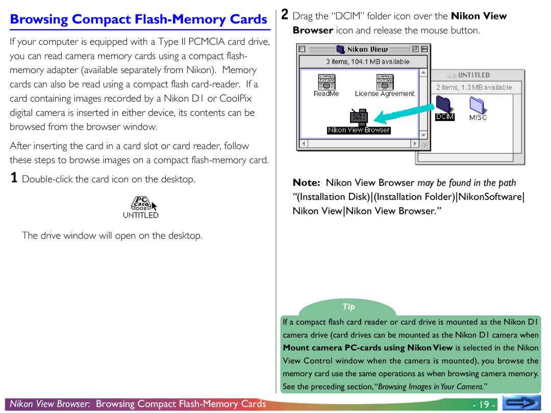 Nikon View DX manual Nikon View Browser Browsing Compact Flash-Memory Cards 