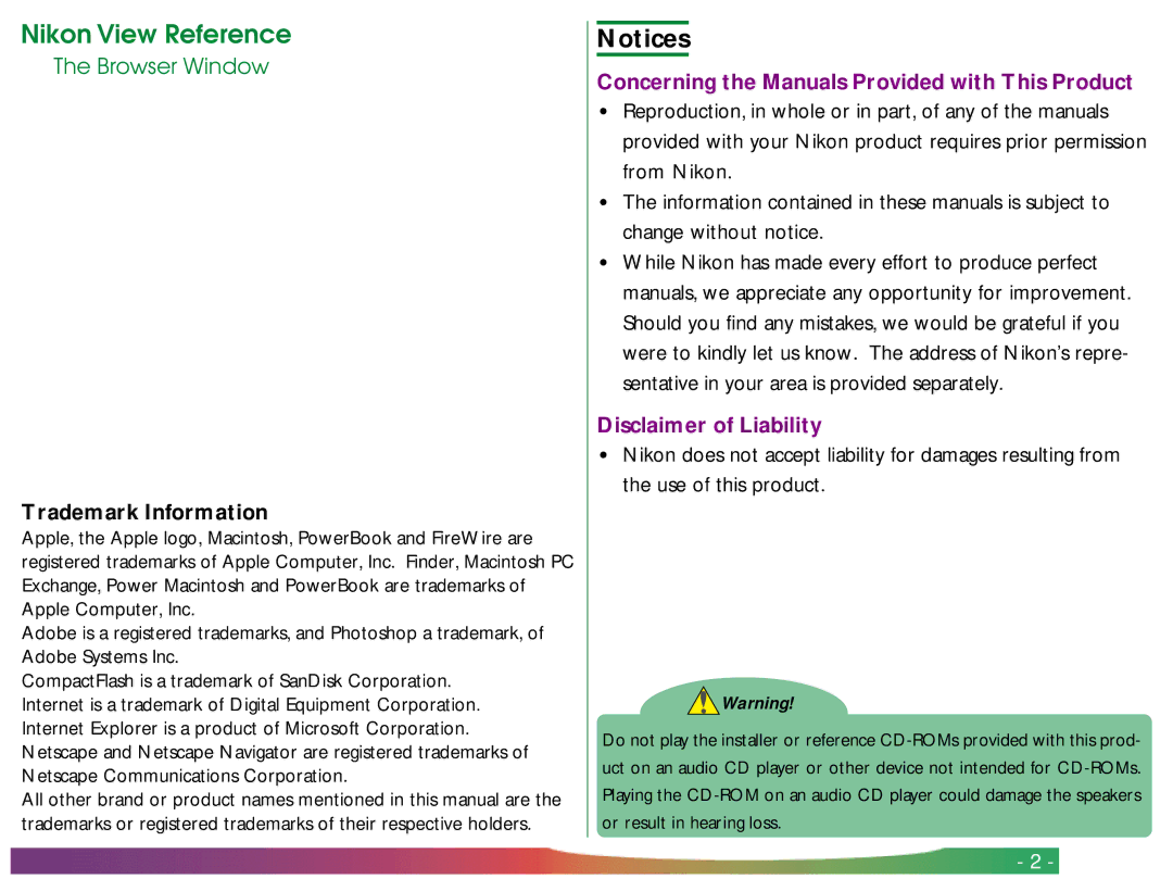 Nikon View DX manual Trademark Information, Concerning the Manuals Provided with This Product, Disclaimer of Liability 