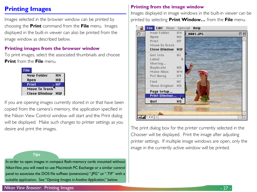 Nikon View DX manual Printing Images, Printing images from the browser window, Printing from the image window 