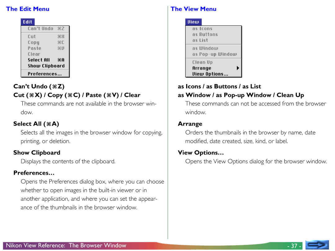 Nikon View DX manual Can’t Undo Z Cut X / Copy C / Paste V / Clear, Select All a, Show Clipboard, Preferences…, Arrange 