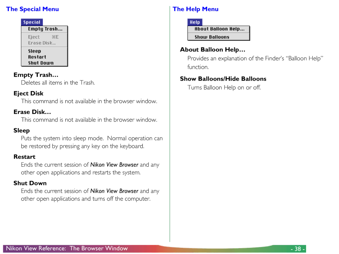 Nikon View DX manual Empty Trash…, Eject Disk, Erase Disk…, Sleep, Restart, Shut Down, About Balloon Help… 