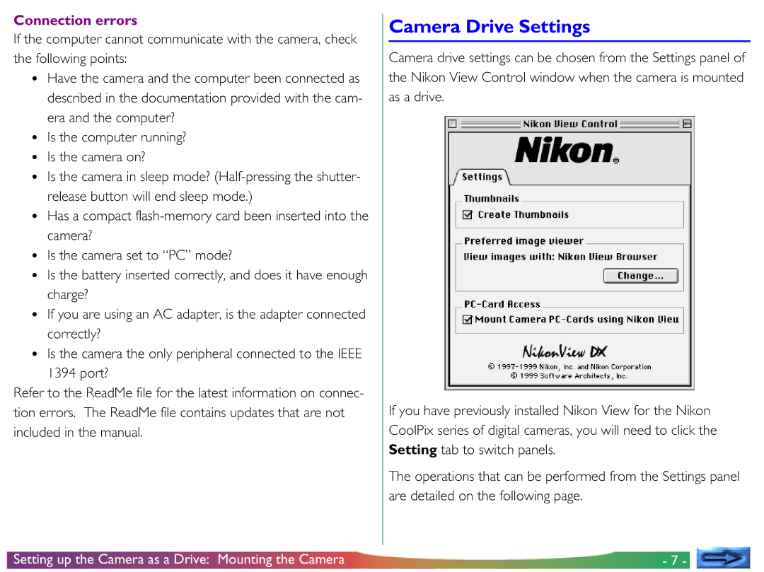 Nikon View DX manual Camera Drive Settings, Connection errors 