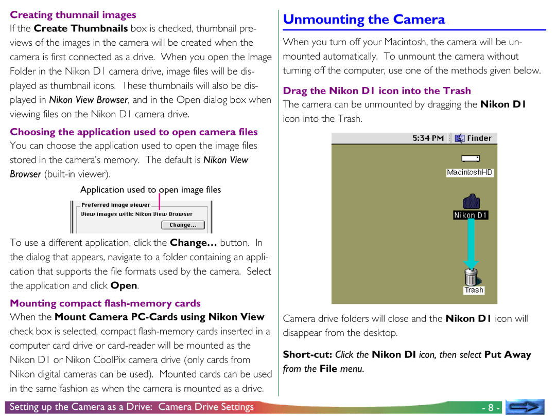 Nikon View DX manual Unmounting the Camera, Creating thumnail images, Choosing the application used to open camera files 