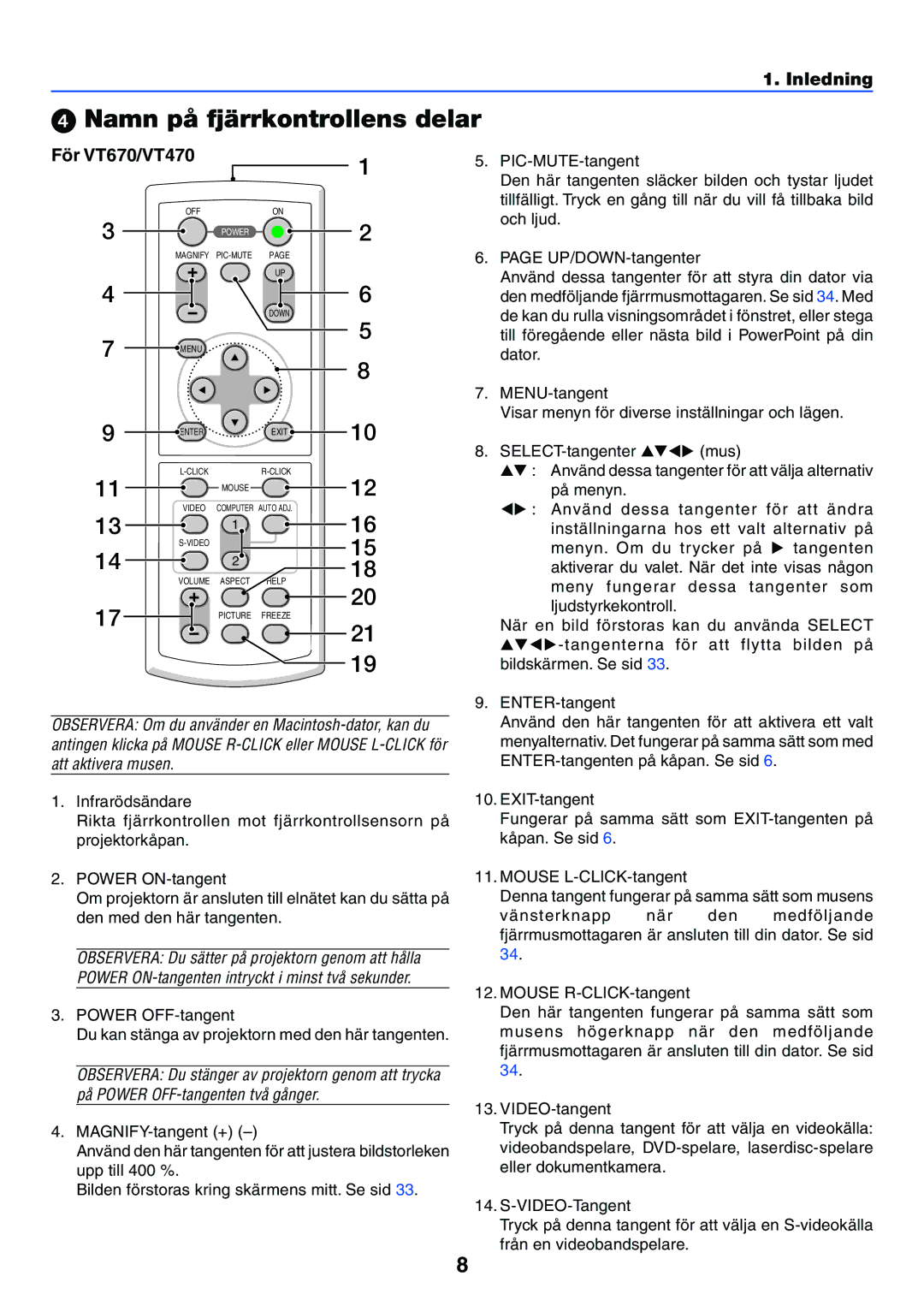 Nikon manual Namn på fjärrkontrollens delar, För VT670/VT470 