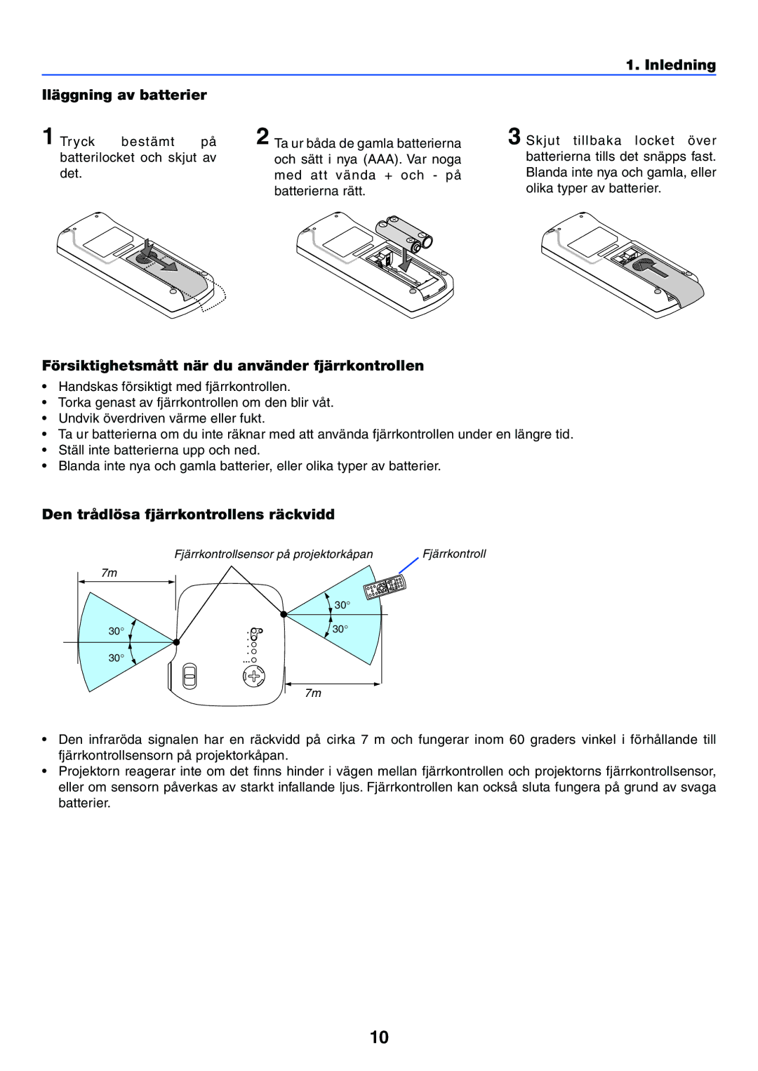 Nikon VT470 manual Inledning Iläggning av batterier, Försiktighetsmått när du använder fjärrkontrollen 